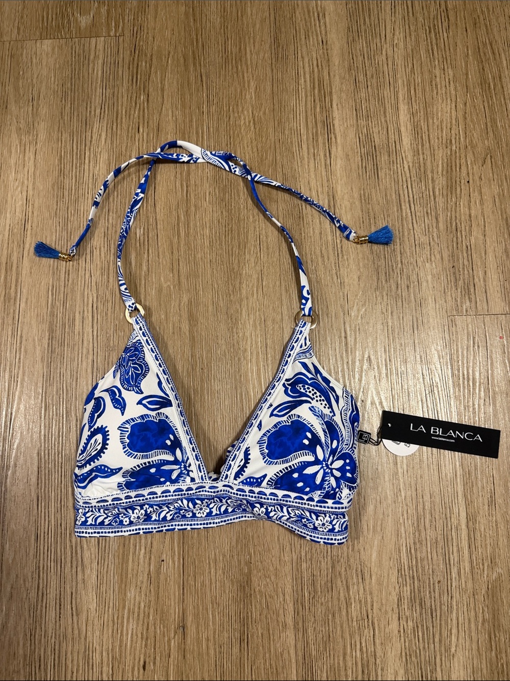 La Blanca White & Blue Floral Halter Bikini Top size 10